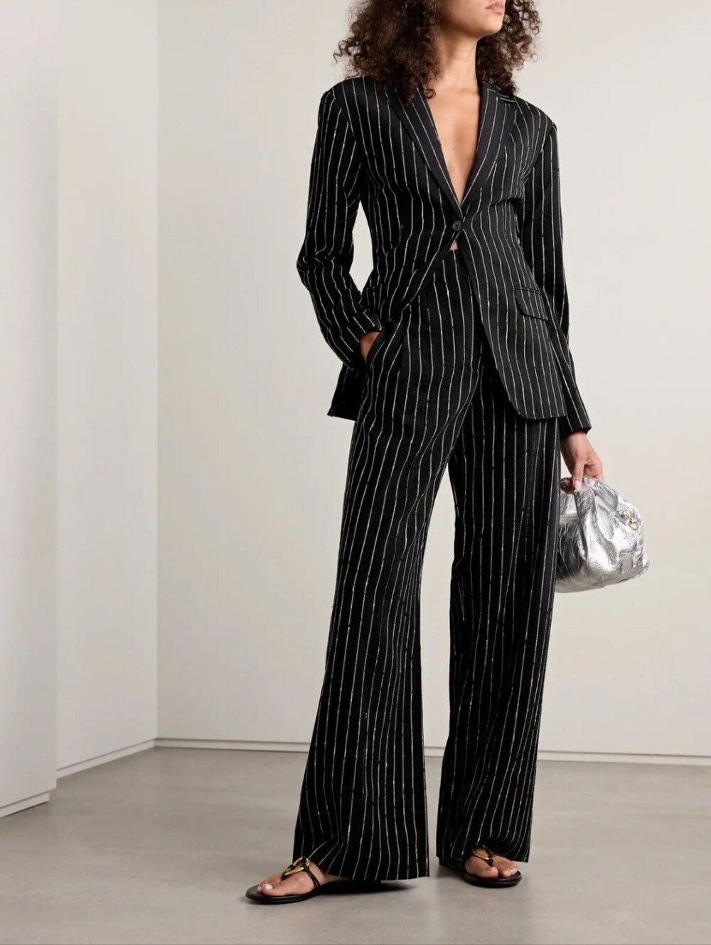 Ulla Johnson Pinstripe Virgin Wool Wide Leg Trouser Pants Black White Size 0